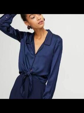 Aritzia Satin Tie-Front Blouse in Deep Navy